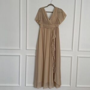 SHEIN Pleated V-Neck Chiffon Flutter-Sleeve Dress in Beige